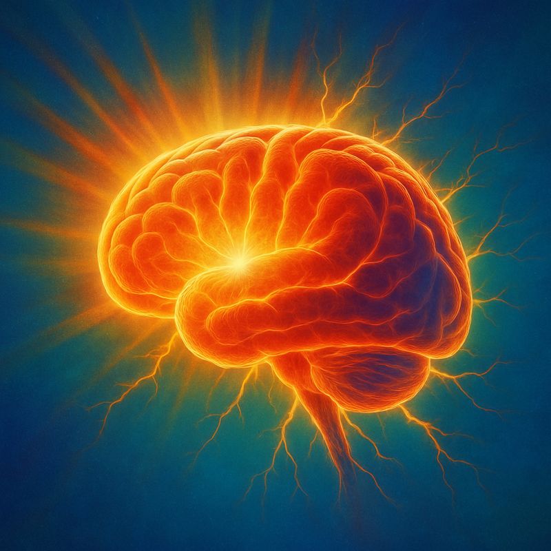 Cartoon brain showing neurons firing. 